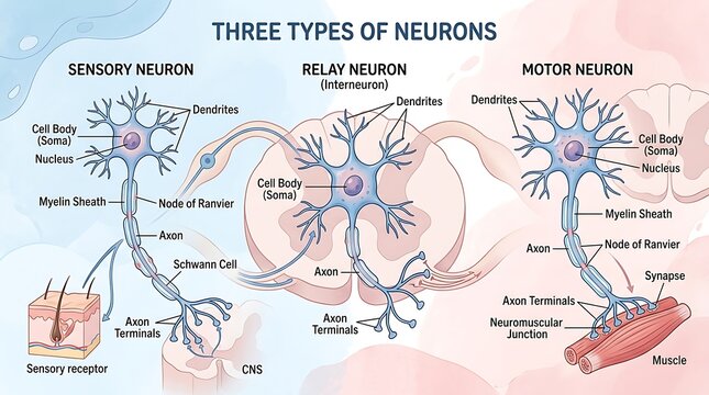 Three types of neurons diagram with sensory motor interneurons labeled