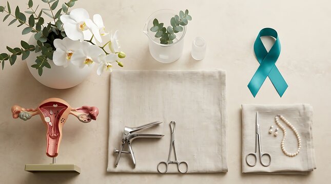 Ovarian cancer awareness and womens health concept with medical tools
