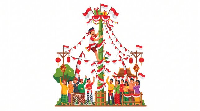 Indonesian Independence Day celebration with panjat pinang game and festive decorations.