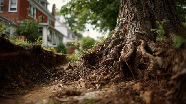 Exposed tree root beside a house suggests risk assessment, soil erosion, foundation hazard, and urban property vulnerability.