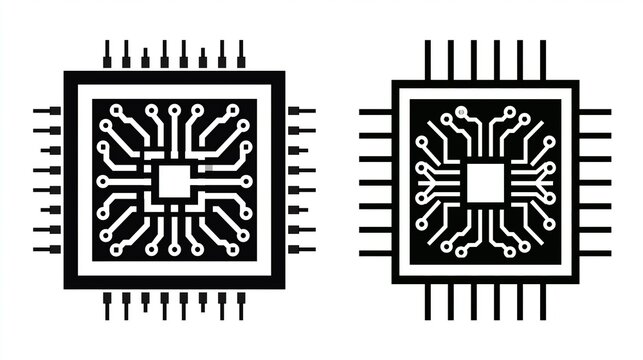 A detailed illustration of two integrated circuit chips with complex wiring and pin layouts