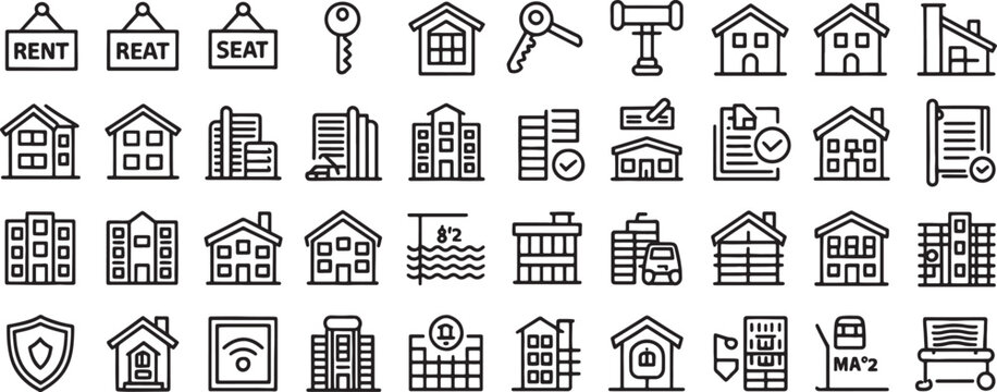 House and Building Rent Seat Home Security Icons Set with Magnifier Corkboard and Document Symbols Vector