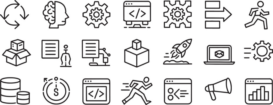 Technology Icons Set with Arrows, Gears, Code Window, Rocket, Laptop, and Security Shield for Software Concepts