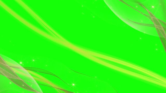 Abstract digital motion animation featuring flowing transparent green ribbons and glowing particles moving across a vibrant chroma key screen creating a smooth dynamic visual effect for professional v
