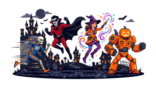Halloween Spooktacular: A dynamic illustration depicting a vampire, witch, skeleton, and pumpkin robot standing before a haunted castle under a full moon.