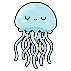 Naklejka premium Cute Jellyfish Cartoon: An adorable, serene cartoon jellyfish with closed eyes and a gentle smile drifts gracefully, its colorful tentacles trailing in the water.
