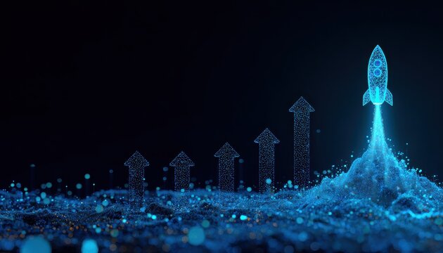 A digital rocket launching above growing bar charts in a tech landscape. Represents business growth and.