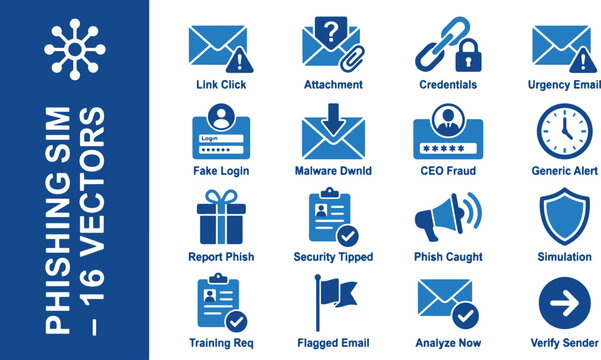 Professional cybersecurity and phishing simulation vector icon set featuring email security, fake login, and threat awareness signs