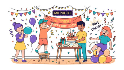 Fototapeta premium Birthday Celebration Surprise: A lively birthday party scene with children decorating, presenting a cake, and reacting to surprises, filled with balloons, confetti, and festive decorations.