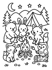 Fototapeta premium Cute Woodland Creatures Camping: A charming illustration depicts a group of adorable forest animals, including a bear, rabbit, fox, and owl, gathered around a campfire roasting marshmallows.