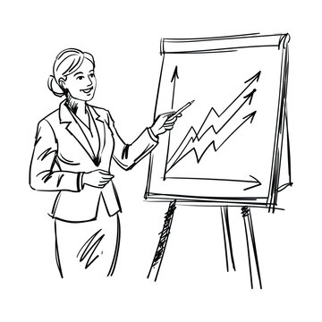 Hand drawn sketch illustration of a professional businesswoman presenting a rising growth chart on a flipchart