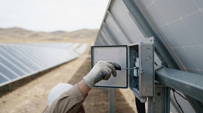 Technician wearing gloves and hard hat performing maintenance on solar panel junction box in large photovoltaic power plant, renewable energy concept