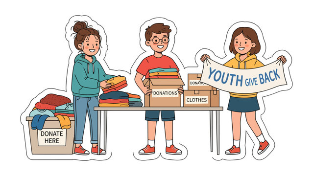 Youthful Generosity: Three young volunteers joyfully sort and collect clothing donations at a table, demonstrating the spirit of giving back to the community.