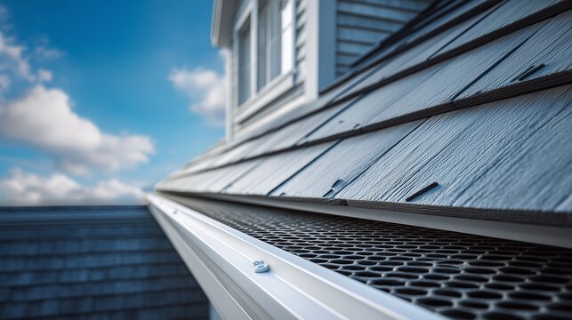 Close up of gutter guard installation on a house roof, showing shingle, mesh and eave protection for drainage, maintenance and weather defense.