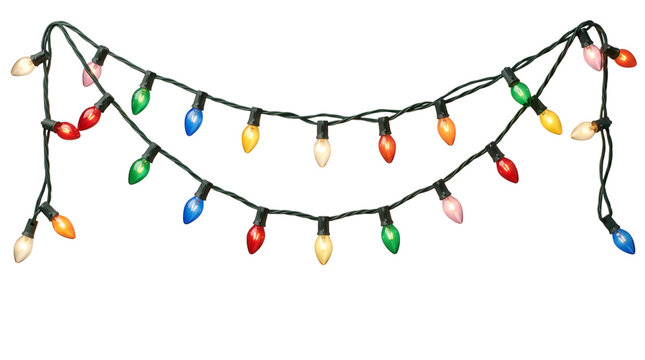 Colorful string of christmas lights hanging in two rows