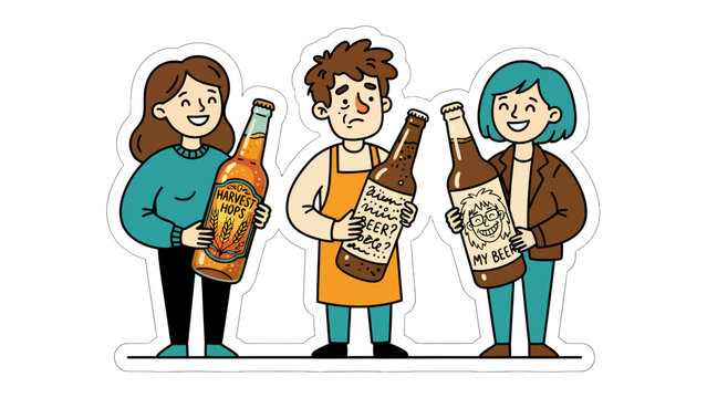 Beverage Selection: A man and two women stand holding bottles of beverage. The man appears to be struggling with his choice, while the women look pleased with their selections.