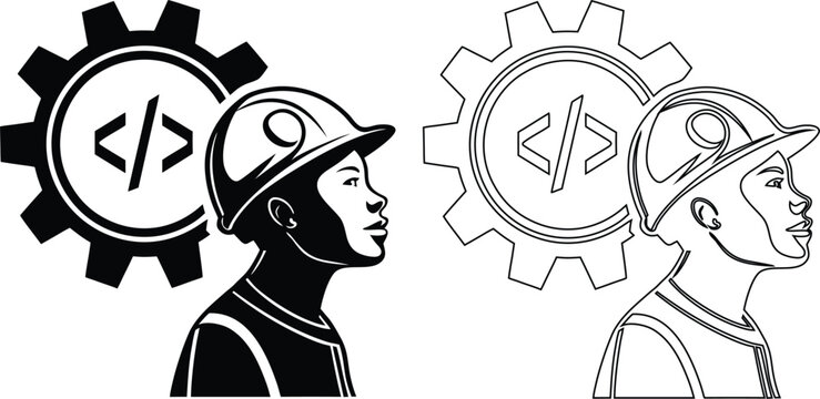Software developer set featuring person wearing a hard hat with coding brackets and large gear background