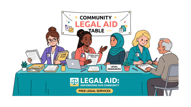 Community Legal Aid Table: A diverse group of legal professionals offers free services at a community legal aid table, providing assistance and support to individuals seeking help.
