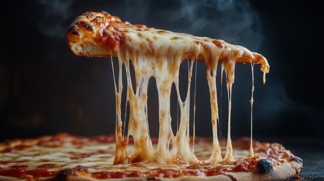 Pizza slice with long melting cheese strings rises from a hot pepperoni pie in a dark rustic kitchen setting.