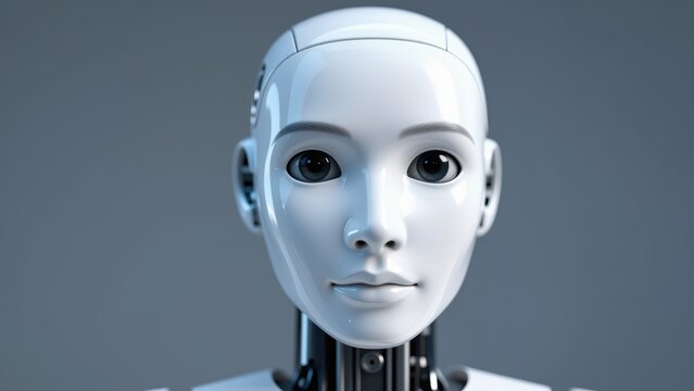 Androin Face, Close-up: A realistic close-up portrait of a humanoid robot's face, showcasing its intricate design, smooth white exterior, and expressive dark eyes.