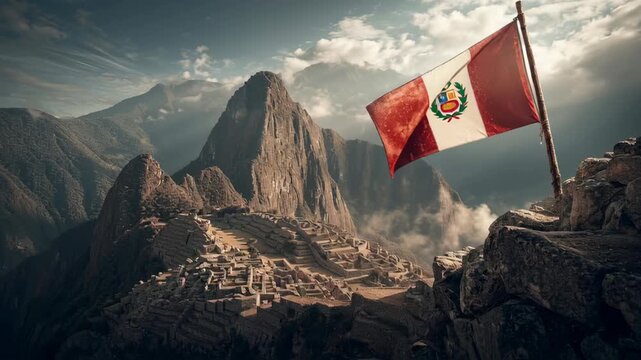 Peruvian flag waving above the iconic ruins of Machu Picchu in mountains