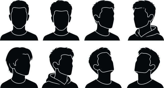 Man Avatar Profile Silhouette Vector Set with Diverse Male Hairstyles, Head Turns, and Angles for User Interfaces, Social Media Portraits, and Account Icons
