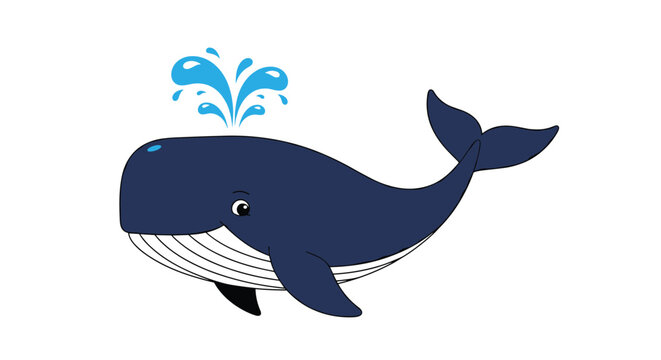 Happy cartoon blue whale swimming and spouting water from its blowhole in a friendly and playful character design style.