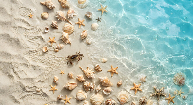 Top view flat lay of sandy beach and clear turquoise water with sea shells, starfish, and a small crab.