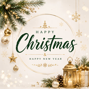 A festive Christmas and New Year greeting card with gold ornaments and decorations
