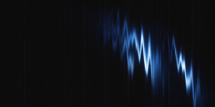 Abstract blue sound wave graphic on a dark background, representing audio, music, or data visualization.
