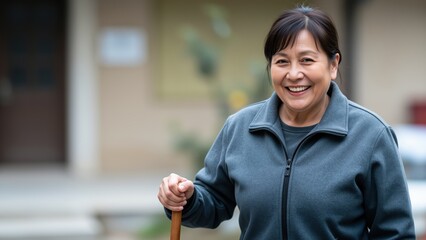 Obraz premium Smiling Senior Woman: A warm and friendly senior Asian woman with short dark hair and a genuine smile stands outdoors, holding a cane. Her eyes sparkle with kindness and a hint of laughter.