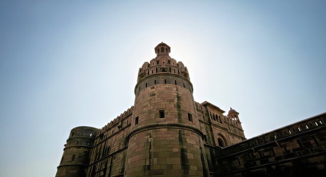 Ancient Fortified Castle With Round Tower and Battlements