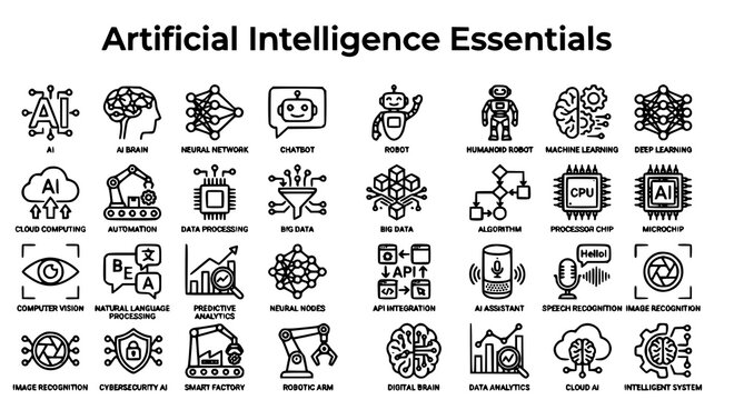 Artificial intelligence essentials icons representing ai technologies and concepts for digital applications