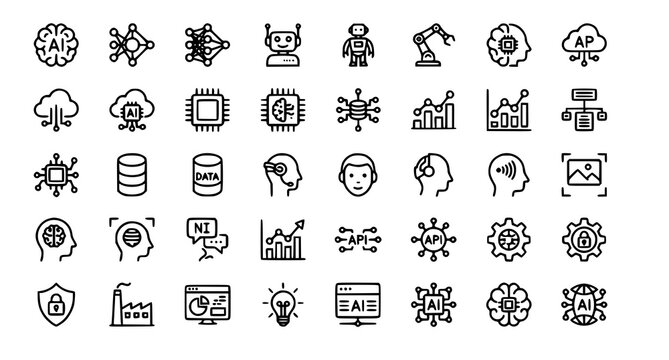 Artificial intelligence and machine learning icon set linear style vector illustration