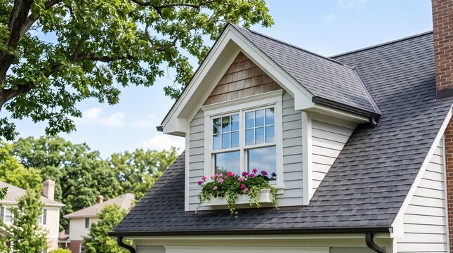 3D image Modern Suburban Family House Exterior, Beautiful Residential Architecture, Cozy Home Design with Charming Garden and Dormer Window.