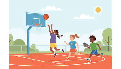 Fototapeta premium Happy diverse children playing active basketball game on outdoor court with ball, hoop, and stopwatch during sunny day.