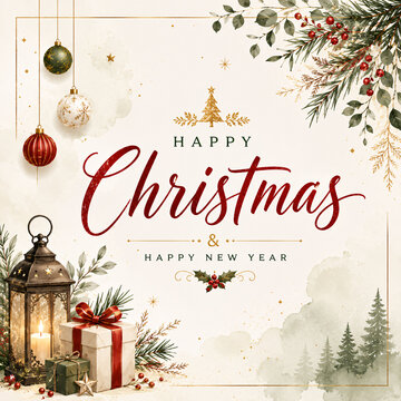 A festive Christmas and New Year greeting card with ornaments and gifts