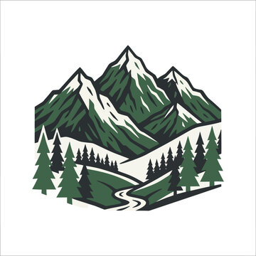 Minimalist vector illustration of green mountains and pine trees