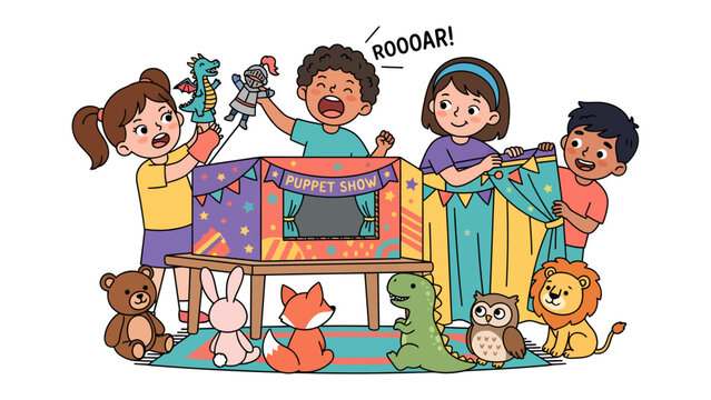 Puppet Show Delight: Young children enthusiastically participate in a colorful puppet show, directing a cast of playful characters in a world of imagination and storytelling.