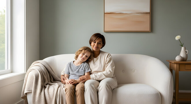 A mother and her young son sitting together on a minimalist white sofa in a bright living room