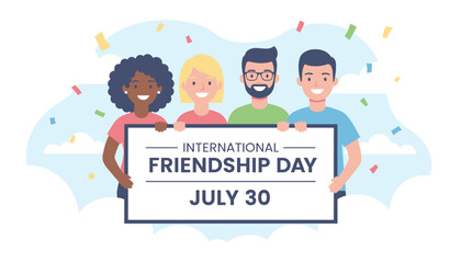 Fototapeta premium Diverse group of smiling young friends holding a large banner celebrating International Friendship Day on July 30.