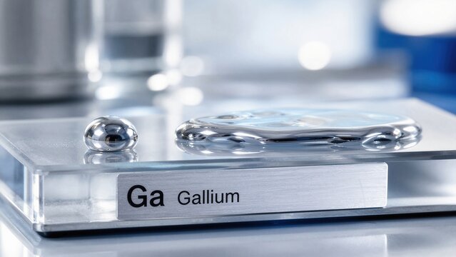Gallium sits on a clear surface while a small droplet forms next to it in a laboratory setting