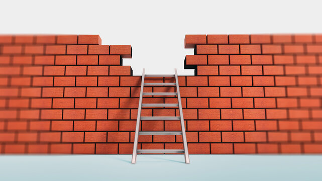 Metal ladder on brick wall with missing bricks. 3D illustration