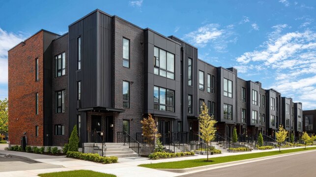 Modern townhouses with black brick and metal siding under a blue sky. Real estate development concept.