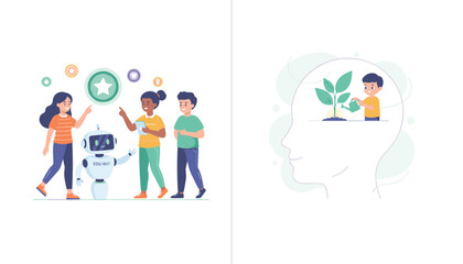 Fototapeta premium Creative learning concept representing smart robot assistant education and young child cultivating positive mindset.