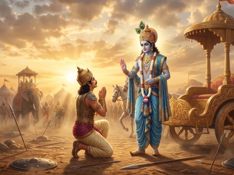 Lord Krishna Delivering the Bhagavad Gita to Arjuna on the Battlefield of Kurukshetra, Devotional Digital Art