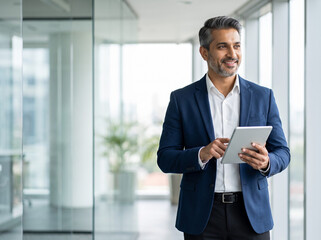 Fototapeta premium Middle aged Indian businessman in navy blazer using tablet in modern corporate office with copy space for executive leadership finance consulting and business technology