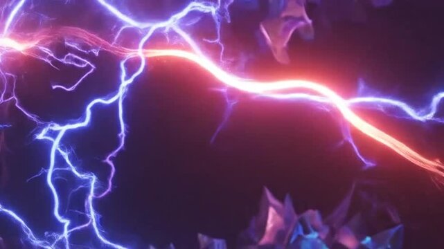 Dynamic abstract electrical lightning arcs with vibrant purple and red energy discharge on a dark background.