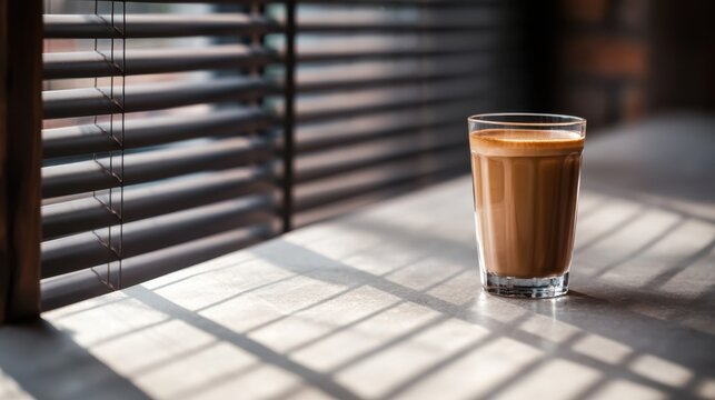 Glass latte sitting by window blinds on wooden table