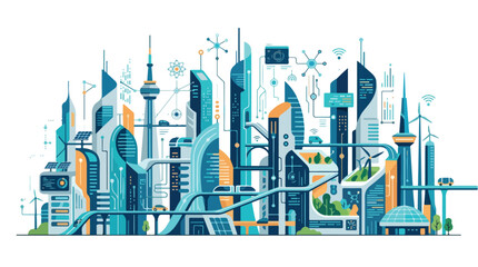 Fototapeta premium Futuristic smart city skyline with modern architectural towers and digital connectivity.